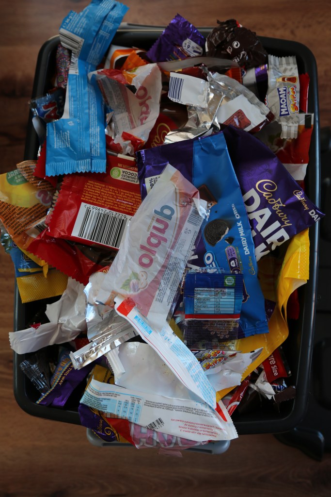 Plastic sweet and chocolate wrappers